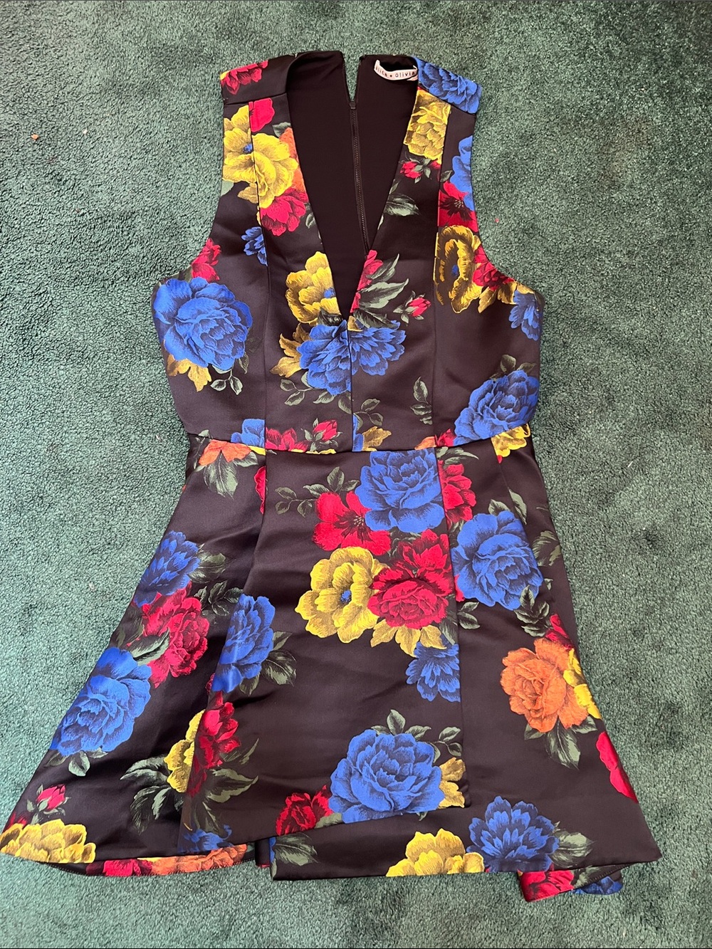 Alice + Olivia Black Mini Dress with Blue, Yellow, Red & Orange Floral Print